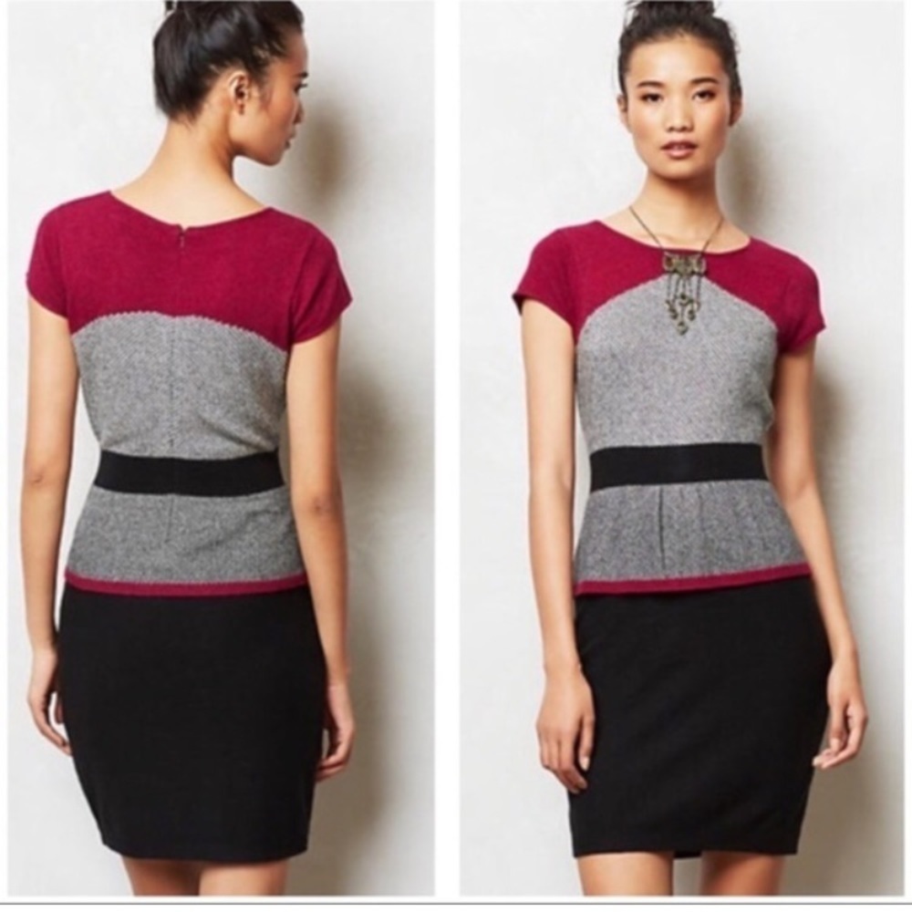 Sparrow Anthropologie Serena Black Fuchsia Peplum Sweater Knit Dress‎ -Size L